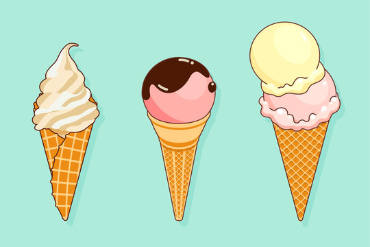 Set of colorful tasty isolated ice cream at a turquoise background. Crunchy wafer cone filled with scoop of  lemon and strawberry ice cream, pink ice cream with chocolate topping, white and beige