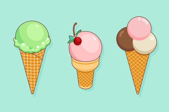 Set of colorful tasty isolated ice cream at a turquoise background. Crunchy wafer cone filled with scoop of pink ice cream with a cherry and mint, scoop of mint ice cream. Vector Illustration.