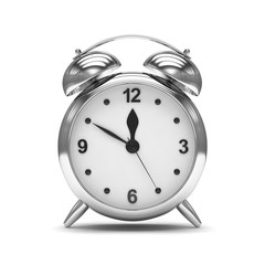 Chrome alarm clock on white. 3d rendering.