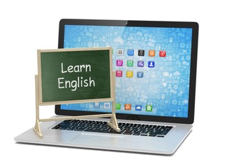  Laptop with chalkboard, learn english, online education concept. 3d rendering.