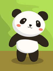 A little panda bear cartoon standing in green brown background.