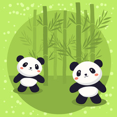 Two cute little panda bears cartoon standing in green bamboo background.