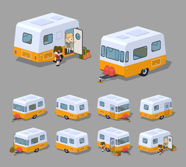 Retro motor home. 3D lowpoly isometric vector illustration. The set of objects isolated against the grey background and shown from different sides