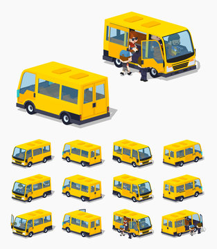 Passenger minivan. 3D lowpoly isometric vector illustration. The set of objects isolated against the white background and shown from different sides