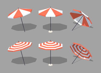Sun umbrellas. 3D lowpoly isometric vector illustration. The set of objects isolated against the grey background and shown from one side - obrazy, fototapety, plakaty