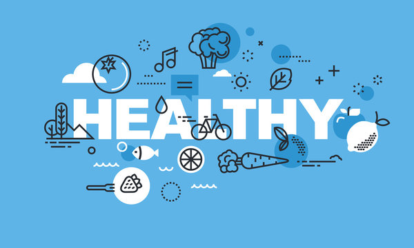 Modern thin line design concept for HEALTHY website banner. Vector illustration concept for healthy lifestyle, active living, healthy food, healthy environment.