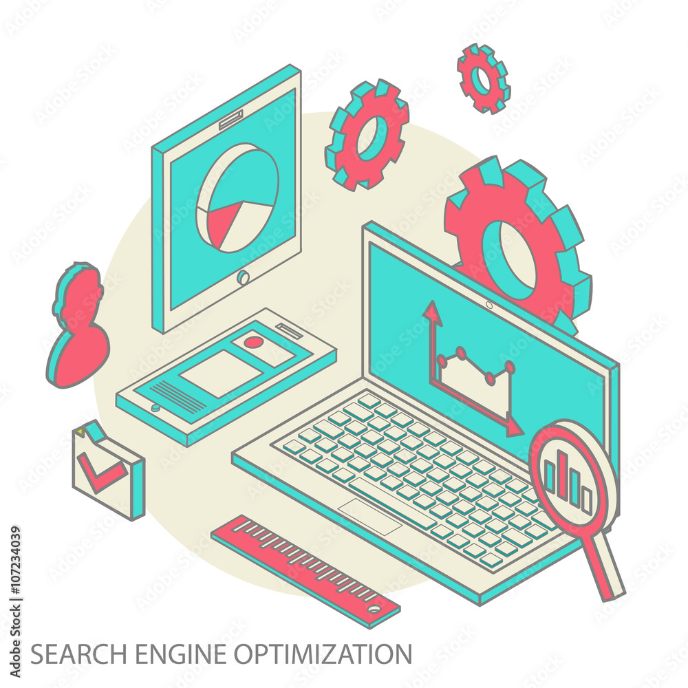 Wall mural isometric design modern illustration concept of website analytics and seo data analysis using modern