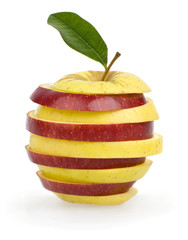 cut red yellow apple with leaf with slice isolated on white