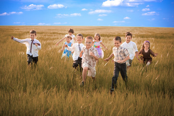 Happy Childhood Friends Running Together in Group