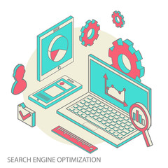 Isometric design modern  illustration concept of website analytics and SEO data analysis using modern electronic and mobile devices