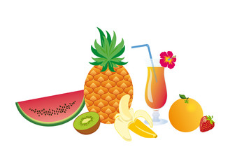 Set of tropical fruits. Vector illustration of exotic fruits. White background with fruits. Still Life with Fruits. Summer fruit mix with a cocktail
