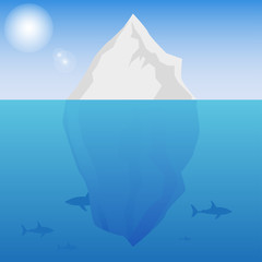 Iceberg background with the sun and sharks underwater