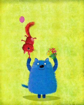 Big Blue Cat Holding Flowers And Kitten With Balloon