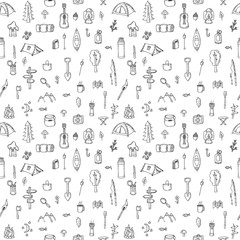 Hand drawn hike seamless pattern. Doodle camping elements. Picni