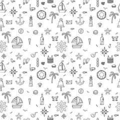 Hand drawn seamless pattern with nautical elements. Nautical ico