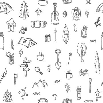 Hand drawn hike seamless pattern. Picnic, travel, hiking and cam