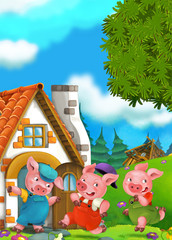 Cartoon scene of two running pigs to the house of their brother - illustration for children