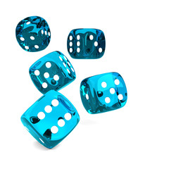 game blue dices rolling on white table