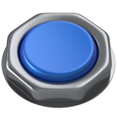 Push button blue down activate power switch start turn on off action ignition electric design element metallic shiny blank. 3d render isolated