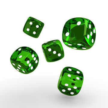 game green dices rolling on white table with place for text