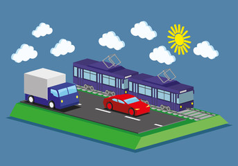 Tram, car and truck.