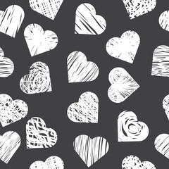Seamless pattern with white hearts on black background. Stylish