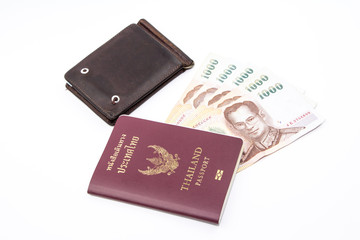 Thailand passport and Thai maney And old wallet.