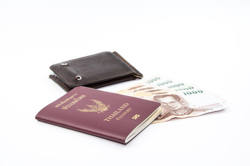 Obraz premium Thailand passport and Thai maney And old wallet.