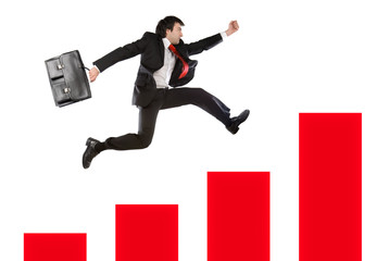 positive histogram chart with businessman jump isolated on white