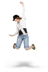 casual hip hop dancer jump isolated on white