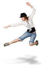 casual hip hop dancer jump isolated on white