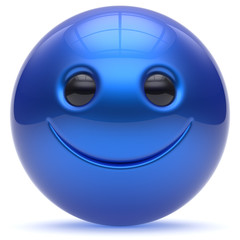 Smiley face head ball cheerful sphere emoticon blue cartoon smiling happy decoration cute. Smile funny joyful person laughing joy character toy avatar cyan. 3d render isolated