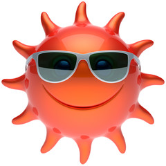 Summer smiley sun face sunglasses cheerful smile cartoon star ball emoticon happy sunny heat red orange person icon. Smiley laughing character holiday chilling sunbathing tropical avatar. 3D render