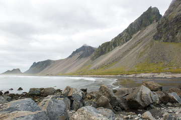 Beautiful coast Stokksnes with view to the Atlantic ocean and mountains, East Iceland
