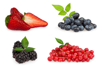 tasty ripe mixed berries composition set with leaf isolated on white