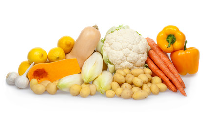 orange ripe tasty vegetable composition set isolated on white