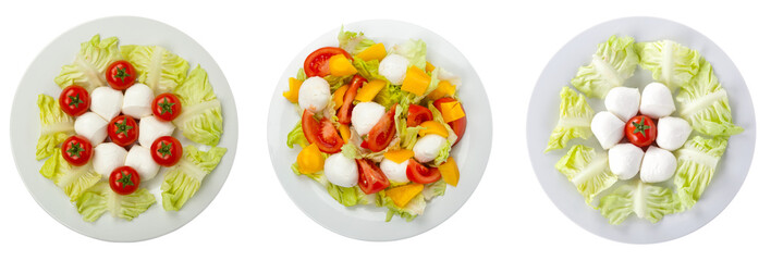 healty salad with mozzarella composition set isolated on white