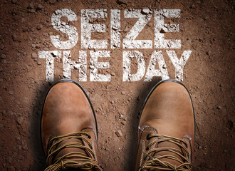 Top View of Boot on the trail with the text: Seize the Day