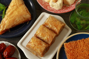 Baklava, turkish traditional delight with fresh mint and figs.