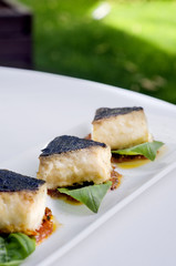 fish served with green salas on white plate