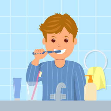 The child in pajamas brushing teeth before bedtime. Oral hygiene. Cartoon  character of a man with toothbrush in his hand. Taking care of dental  health. Stock Vector | Adobe Stock