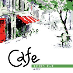 European cafe, graphic drawing in color
