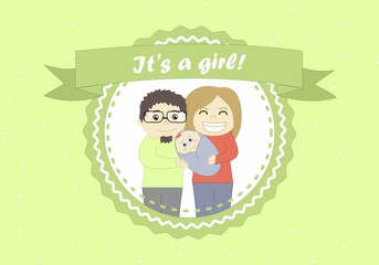 Its girl card with a little girl and her parents