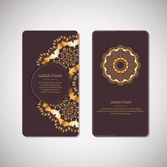 Set of two ornamental gold cards, flyers with flower oriental mandala on dark vinous background. Ethnic vintage pattern. Indian, asian, arabic, islamic, ottoman motif. Vector illustration.