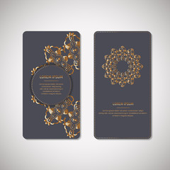 Set of two ornamental gold cards, flyers with flower oriental mandala on blue background. Ethnic vintage pattern. Indian, asian, arabic, islamic, ottoman motif. Vector illustration.