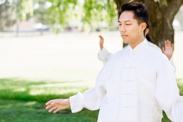 Handsome man practicing thai chi