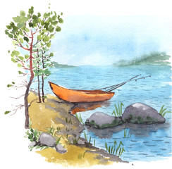 Watercolor painting of bank lake or river with fisherman boat with fishing roods in it, stones and pines.
