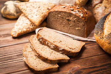 Bread assortment on wooden surface