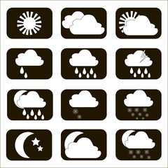 Set vector weather icons. The sun, cloud, moon, rain and snow. Set of white icon weather forecast on a black background. Illustration.
