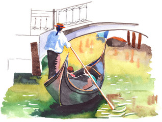 Watercolor painting of Gondola on canal in Venice on a sunny day.